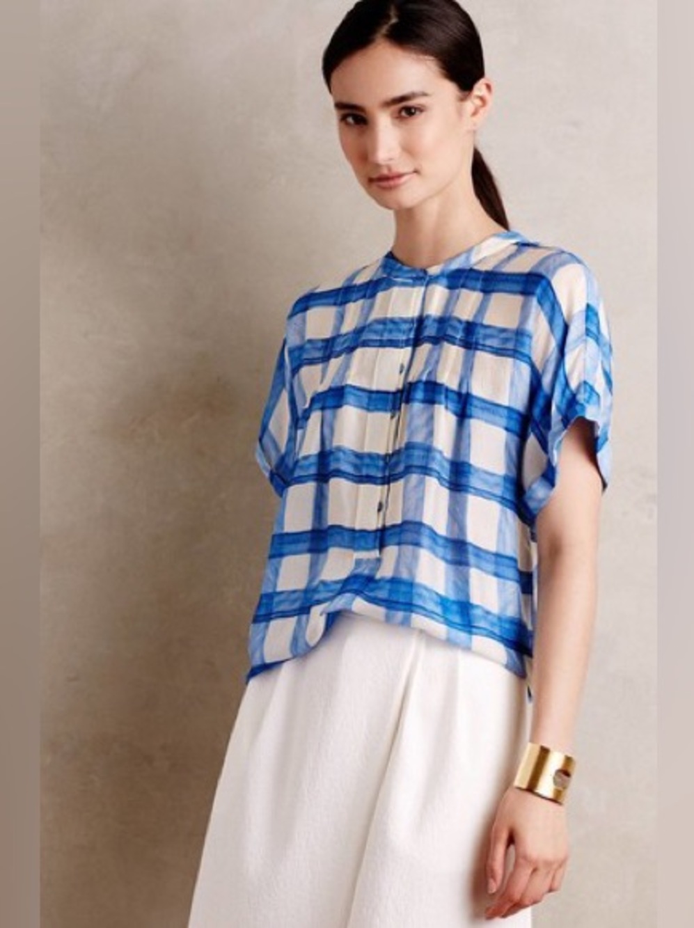 Anthropologie Maeve Tierra plaid picnic top silk blue white small